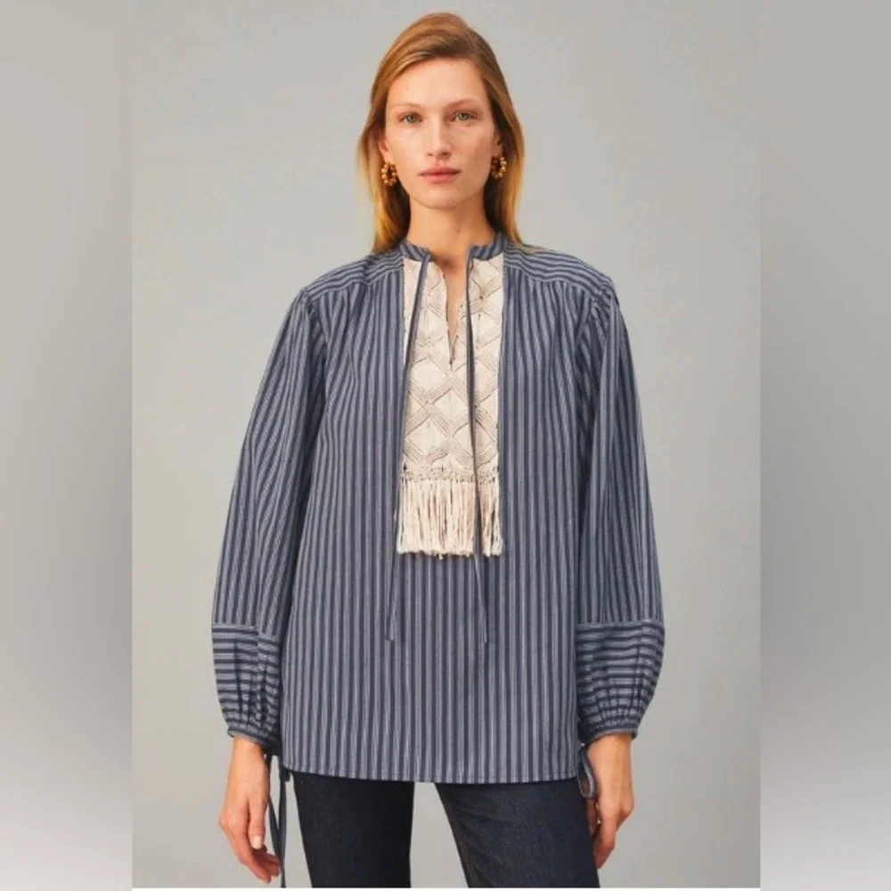 NWT $598 Tory Burch Macrame Striped Blouse Tunic Top